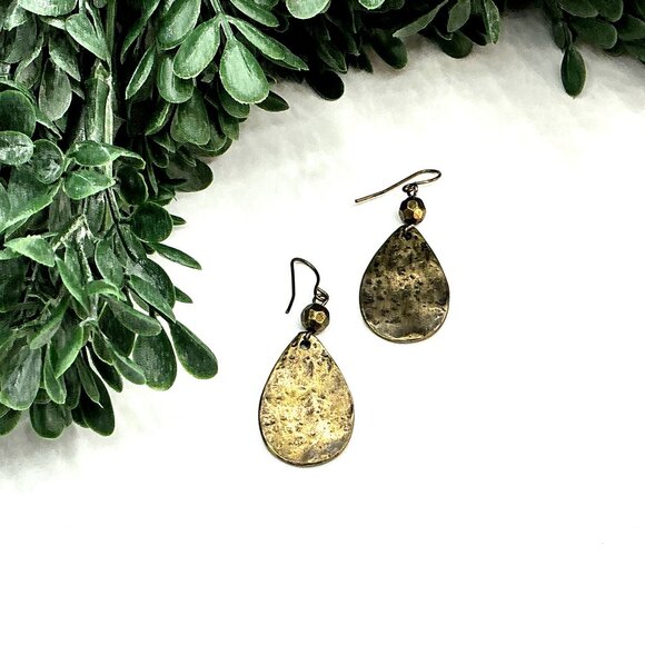 Brass Tone Tear Drop Shape Earrings With Hammered Finish - Picture 3 of 5